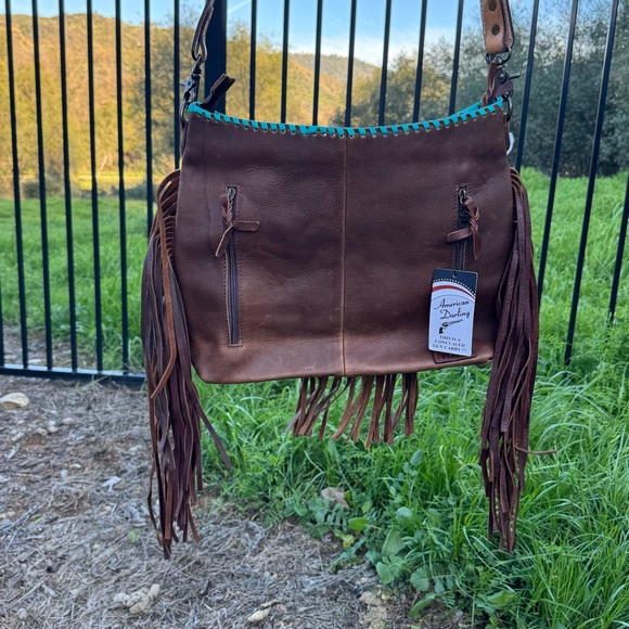 American Darling Eagle Feather Moon Hand Painted Leather Fringe Crossbody Purse - Picture 6 of 9